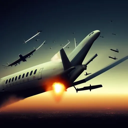 Prompt: airplanes crashing down into  the ground.
different airplanes crashing down.
dark scenery.