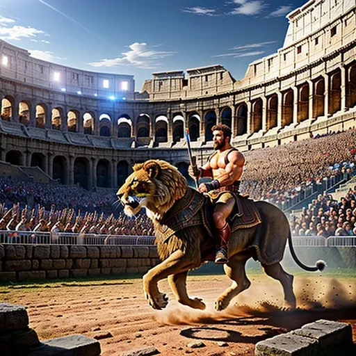 Prompt: 3D, HD, Dramatic, Epic, Spectacular, Cinematic lighting, Two Gladiators locked in combat with a ferocious lion in Coliseum in Ancient Rome as a crowd of people go wild with excitement!, ultra detailed full body artistic photography, detailed rugged Gorgeous detailed face, shadows, oil on canvas, brush strokes, ultra sharp focus, ominous, matte painting movie poster, golden ratio, epic, intricate, cinematic character render, hyper realistic, 64K --s98500