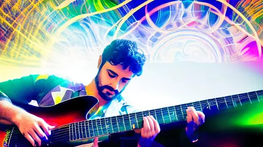 Prompt: psychedelic poster of a man playing guitar, psychedelic color palette, abstract swirls and objects background, dark brooding expression, diffuse studio lighting, 50mm, F4.0, ISO100