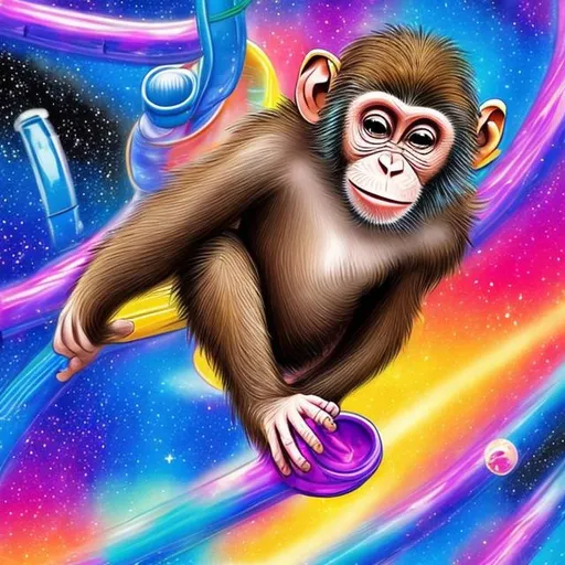 Prompt: Monkey going down a Water slide in outer space in the style of Lisa frank