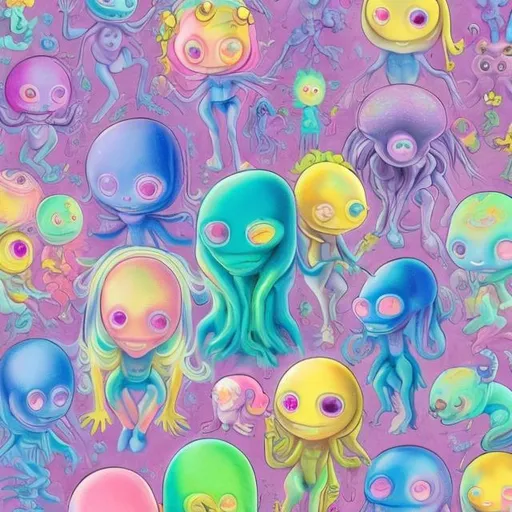 Prompt: Pastel aliens in the style of Lisa frank