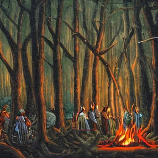 Prompt: Dark forest with pagans around fire 