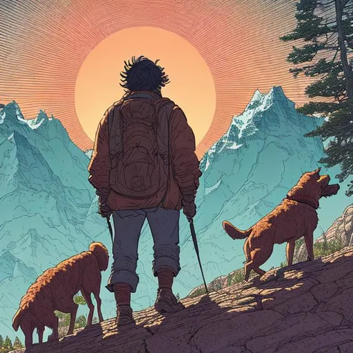 Prompt: man and large dog hiking / in beautiful rocky mountains / hiking towards mountain vista / man is dark haired bearded and has small round glasses / mans face partially visible / hiking into sunset / illustration style / style of Mœbius / style of jean giraud