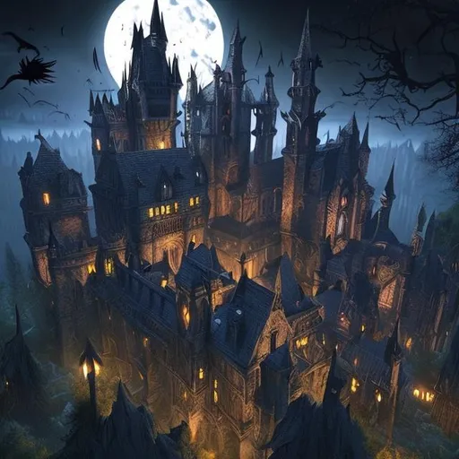 Prompt: Fantasy art, highly detailed, realistic, spooky gothic castle like Nevermore Academy among the trees in a night time 