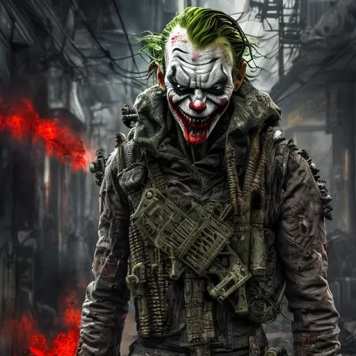 Prompt: Redesigned Gritty dark camouflage. Intense futuristic military commando-trained villain Todd McFarlane's joker Spawn violator. Bloody. Hurt. Damaged mask. Accurate. realistic. evil eyes. Slow exposure. Detailed. Dirty. Dark and gritty. Post-apocalyptic Neo Tokyo with fire and smoke .Futuristic. Shadows. Sinister. Armed. Fanatic. Intense. 
