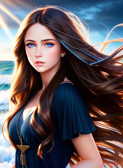 Prompt: hyper realistic, hyperealistic portrait of  teen woman with flowing long brown hair and dark blue eyes ((full body))  ultra-fine details, hyper-focused, deep colors, dramatic lighting, ambient lighting god rays, beach, ocean 