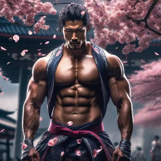 Prompt: Handsome semi-dark skin muscular Japanese man, tall hair, big torso, Judo-inspired revealing techno fantasy suit, hyperrealistic, super detailed, cinematic lighting, Tokyo park background, strong winds, many cherry blossom petals, epic battle stance