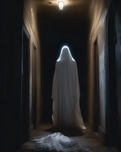 Prompt: A ghostly pale translucent figure in flowing white robes floating down a dark abandoned hallway at midnight, illuminated only by shafts of moonlight from a tall gothic window. Shot from a low perspective looking up with a Sony A7S II full frame camera for low light capacity. The mood is haunting and creepy. 