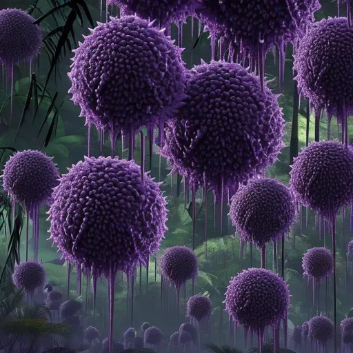 Prompt: purple virus spreading on rainforest on rivers and trees with sun shining on realistic