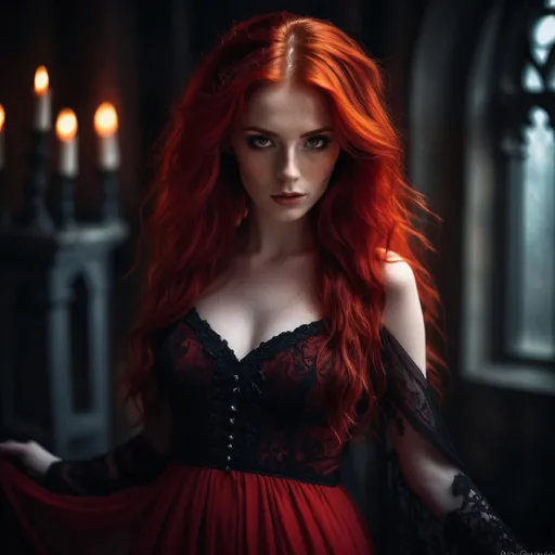 Prompt: Beautiful, young woman with fiery red hair, gothic style, detailed facial features, flowing red dress with dark accents, ethereal and mysterious atmosphere, atmospheric lighting, high quality, misc-gothic, red hair, beautiful eyes, flowing dress, detailed facial features, ethereal atmosphere, mysterious, professional, atmospheric lighting