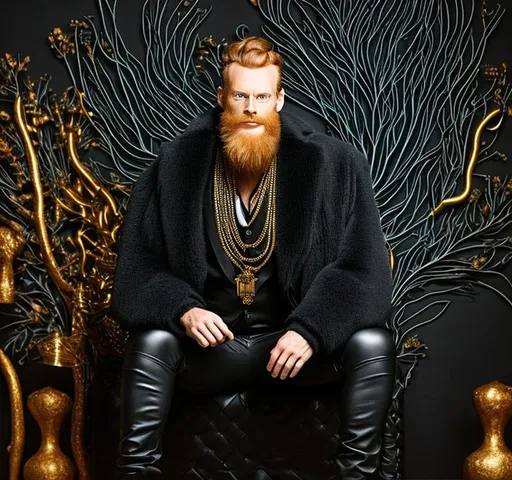 Prompt: forty-year-old man seated in a black leather throne, black leather interior, he is dressed like a king and holding a sceptor, the black throne is inside a large dimly lit modern bedroom, lush, sensual, detailed face, detailed expression, ginger hair,