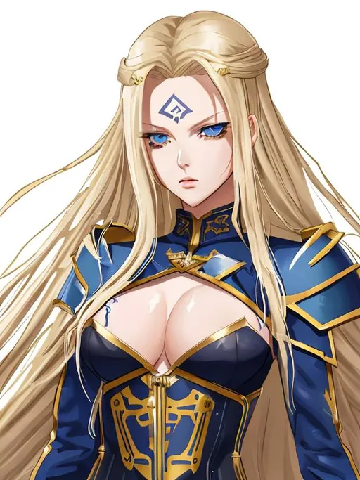 Prompt: Sephiria arks has long, wavy ash blonde hair and pale blue eyes. She has the Roman numeral I tattooed on her forehead, outlined by a lightning bolt on each side. She wears gold shoulder pads reminiscent of a Spanish soldier, and a pink suit jacket with a long, flowing skirt.