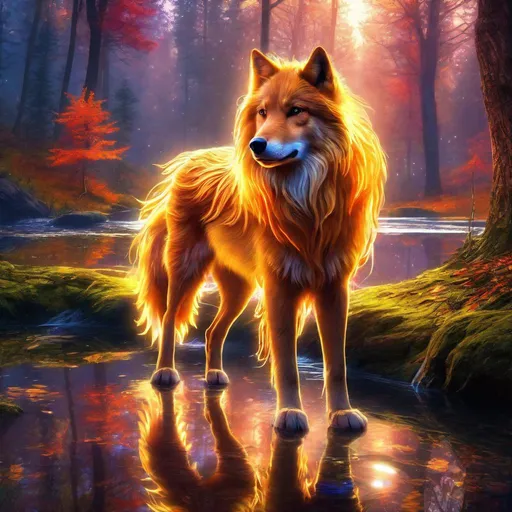 Prompt: Insanely beautiful (canine quadruped) that is glowing, thick golden mane, on two legs, translucent, luminescent, illusion, glistening fiery mane, glows like the sun, flaming red eyes, majestic wolf face, energetic fox, in a enchanted woods near a lake, fantasy, magical, sunrise, beneath the stars, crystal lake, waterfall, bioluminescent, highres, best quality, concept art, epic digital art, intricately detailed, cinematic, 8k eyes, highly detailed eyes, highly detailed, 64k, vibrant, UHD, professional