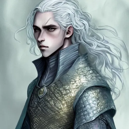 Prompt: Targaryen men, pale skin, silver, platinum, or gold hair and eyes in a variety of shades of purple, or light blue, strikingly beautiful, dark green attire