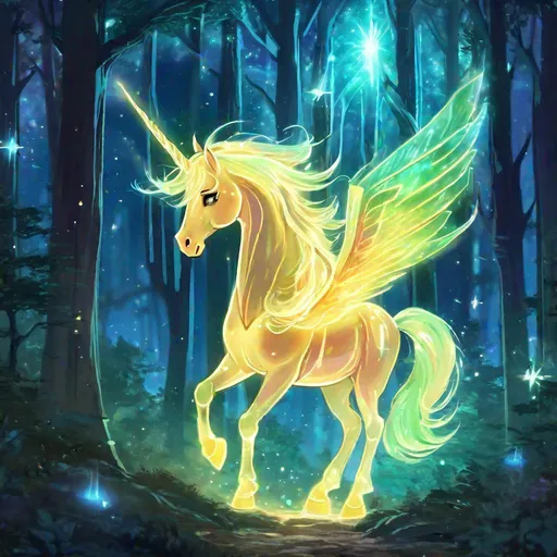 Prompt: A fantasy translucent alicorn that is glowing, lightning hooves, in a forest surrounded by magic, beneath the stars, bioluminescent, highres, best quality, concept art