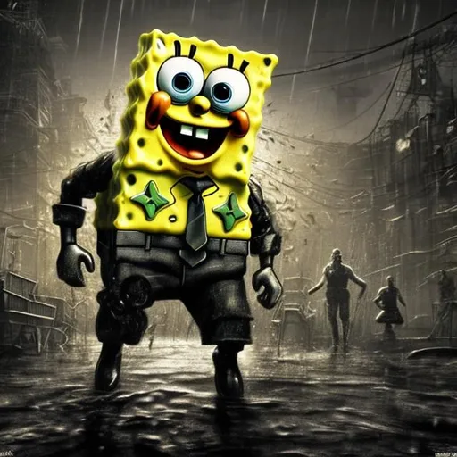 Prompt: spongebob, metal gear rising revengeance, rain, dark, somber, horror