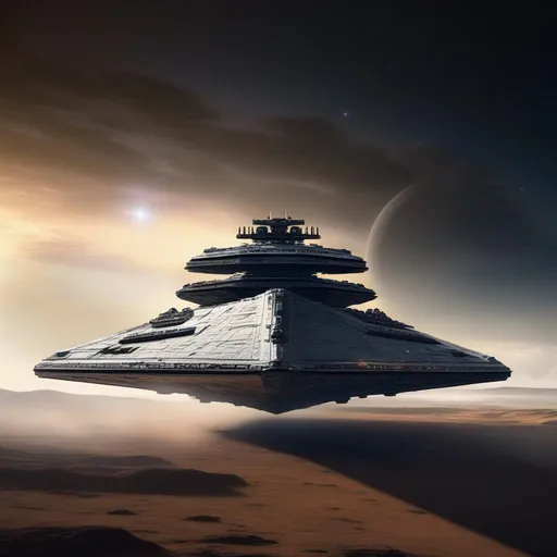 Prompt: A Star Destroyer from Star Wars movies in skys, Hyperrealistic, sharp focus, Professional, UHD, HDR, 8K, Render, electronic, dramatic, vivid, pressure, stress, nervous vibe, loud, tension, traumatic, dark, cataclysmic, violent, fighting, Epic