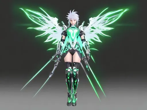 Prompt: emale, long silver and green glowing hair, wearing black gloves, green and silver scifi armor, V1 pneuma wings ULTRAKILL , Xenoblade 2 , conceptart , scifi sword