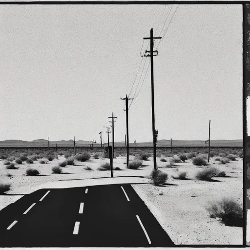 Prompt: A man sitting on a bus bench at a crossroads, ((dry plains environment)), black and white drawing