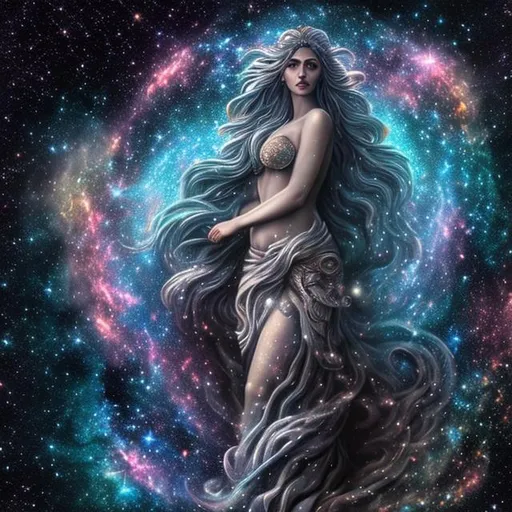 Prompt: full body image of celestial goddess, surrounded by galaxies being born, hyper realistic, extremely detailed, dark cinematic, high resolution, 4K