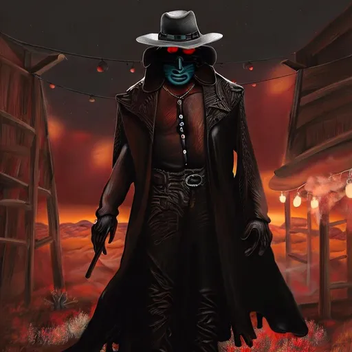 Prompt: Cyber Cowboy with 4 Arms, fiery red Poncho, Dressed in black duster and Stetson Cowboy Hat, with Red Sunglasses, Haunting Presence, Intricately Detailed, Hyperdetailed, Desert Wild West Landscape, Dusty Midnight Lighting, Wild West Feel