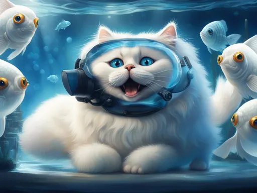 Prompt: Full Body, A Smiling sitting Fluffy White Cat in a diving Mask with Big Blue Eyes, Sitting next to a Fish Tank with Gold Fish, hi-res, hd, highly detailed, high quality, hyperrealistic, photorealism, full color, cinematic, raytracing, cinematic, epic scene, cinematic lighting, extremely detailed, ultra realistic