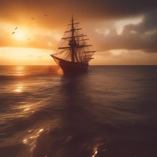 Prompt: ship, ocean, sailing into sunset, wood, medival, waves, wind, nostalgic, clouds, sun rays, ambient light, perspective: looking from the ship into the sunset
