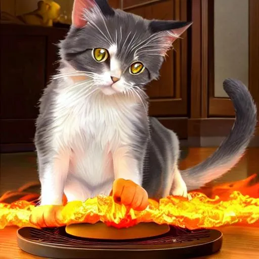 Prompt: A cat sitting on a table breathing fire