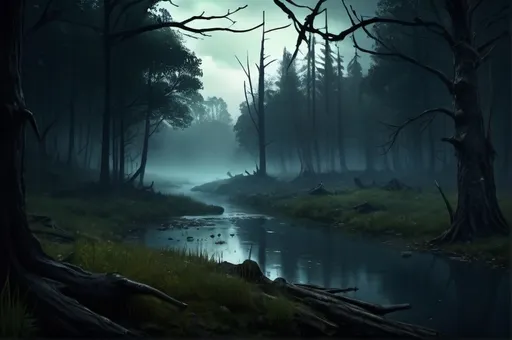 Prompt: Fantasy RPG style river seen in distance, in dark forest, eerie atmosphere, gloomy mood, weathered, mystical lighting, heavy mist, highres, realistic, fantasy RPG, eerie atmosphere, gloomy, weathered, detailed environment, mystical lighting, dynamic view, realistic reflections, fallen rotten tree