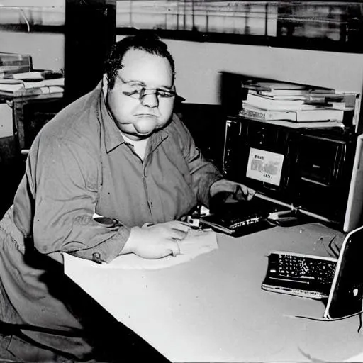 Prompt: old fat computer technician sitting at a desk with "Gavin" on name tag