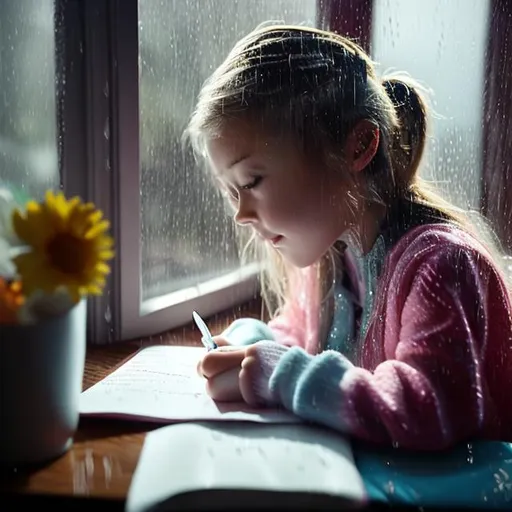 Prompt: A 6 years old Caucasian girl sitting at a desk next to a window in New Jersey at night, writing in her diary, lookin outside through the window while it's pouring rain outside.