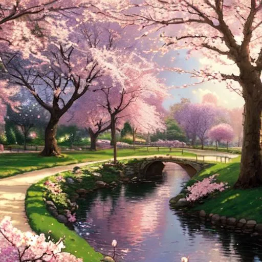 Prompt: A blooming cherry blossom in a park. Thomas Kinkade
