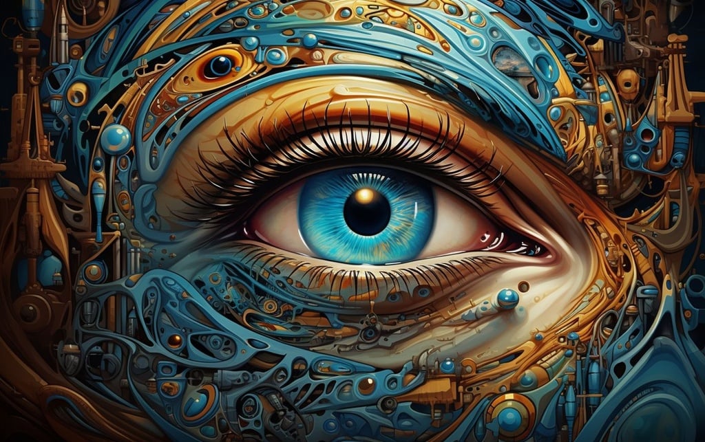 Prompt: a man's face with an eye and a blue eye, in the style of psychedelic artwork, teal and orange, hyper-detailed illustrations, futuristic victorian, mind-bending murals, 8k 3d, lively illustrations