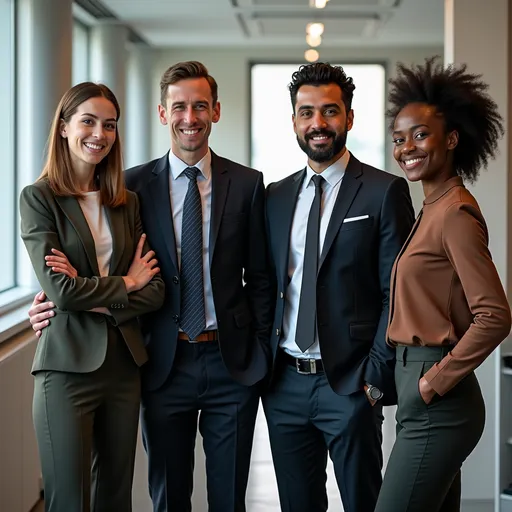 Prompt: Une équipe de 4 personnes avec un product manager féminin de type caucasien, un tech leader caucasien en costume cravate, un développeur informatique coréen et un commercial afro américain dans les bureaux d'une société spécialisée dans la finance décentralisée et la blockchain. tous agés entre 25 et 35 ans