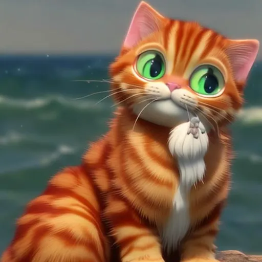 Prompt: One-eyed ginger kitty.  looks out to sea with a persicope in Disney style animation. 