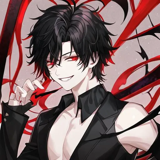 Prompt: Damien as a fallen angel (male, short black hair, red eyes) grinning seductively