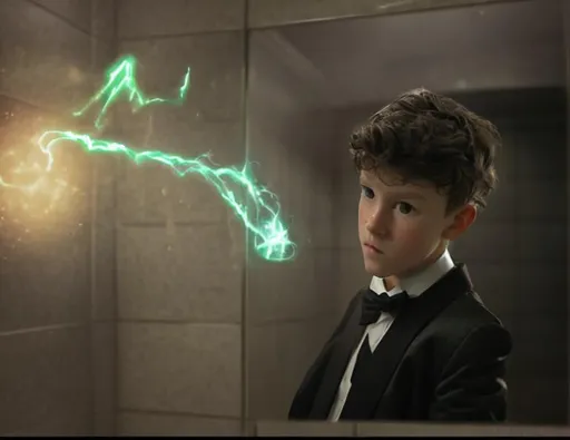 Prompt: 13 year old boy in a tuxedo casting a crazy magic spell from the outside of a bathroom stall with his magic wand, but the spell he cast happens on the inside of the bathroom stall because he cast the spell on the person inside who was warring a T shirt 
