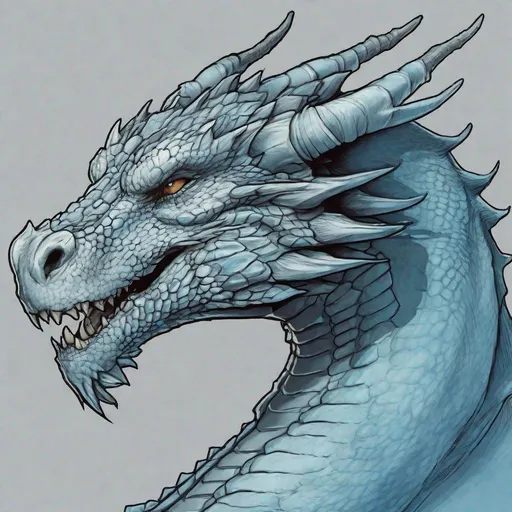 Prompt: Concept design of a dragon. Dragon head portrait. Coloring in the dragon is predominantly pale blue with subtle black streaks and details present.