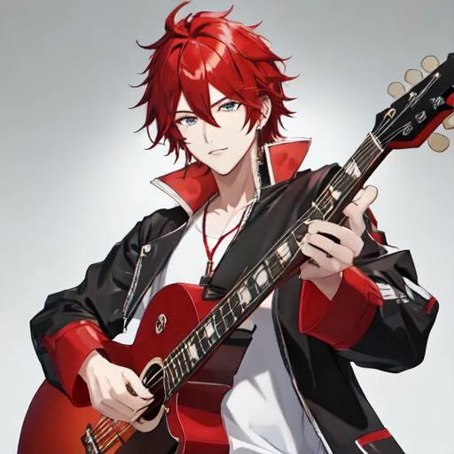 Prompt: Zerif 1male (Red side-swept hair covering his right eye) playing his guitar 8K, UHD, best quality, highly detailed, insane detail, anime style