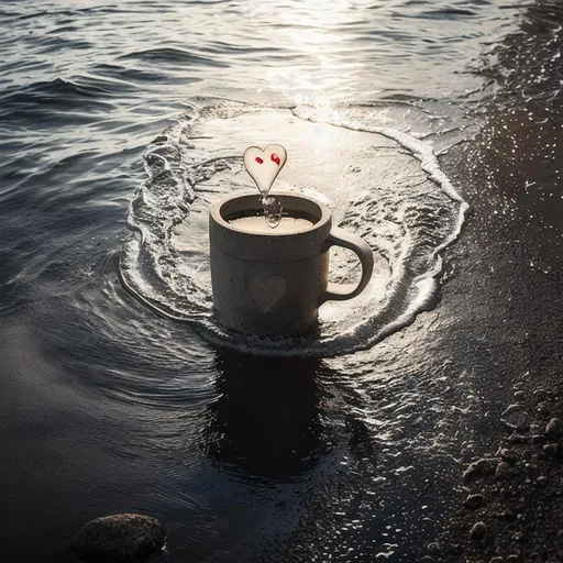 Prompt: Cup made out of concrete with small heart shaped concrete floating inside, on top of rough waves, dark water, dark background, studio lighting, highly detailed, hyper realistic, light mist, professional photography, cinematic lighting 