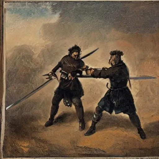 Prompt: A sword fight against two strong men