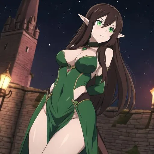 Prompt: succubus Anime elf girl, dark brown hair, green eyes, near a castle at night