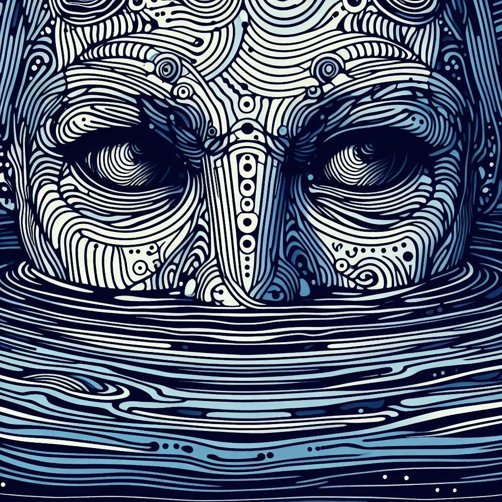 Prompt: vector in a realm of patterned waters, a lined face materializes from the ripple-touched depths