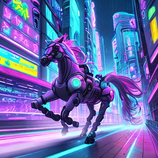 Prompt: A pastel neon scifi painting of a running highly-detailed beautiful robotic horse running through a futuristic hightech cityscape flowing timelapse effects.