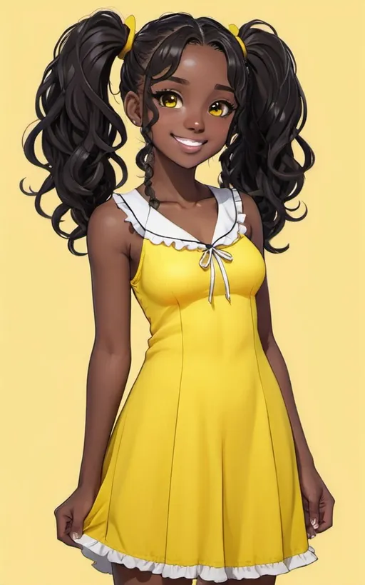 Prompt: anime black woman with wavy black hair in pigtails, brown eyes, dark skin, shy smile, wearing a cute yellow dress and white leggings, in the style of anime, 