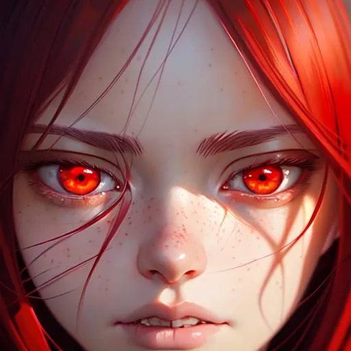 Prompt: Closeup face portrait of  17 years old girl,with scary facial expression,a demon in background, smooth soft skin, big dreamy  red eyes, beautiful intricate colored hair, symmetrical, anime wide eyes, red forest background ,soft lighting, detailed face, by makoto shinkai, stanley artgerm lau, wlop, rossdraws, concept art, digital painting, looking into camera