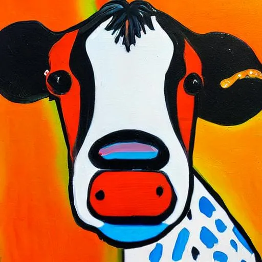 Prompt: A bright, vibrant, dynamic, spirited, vivid painting of a dairy cow with rattle snake stripes. 