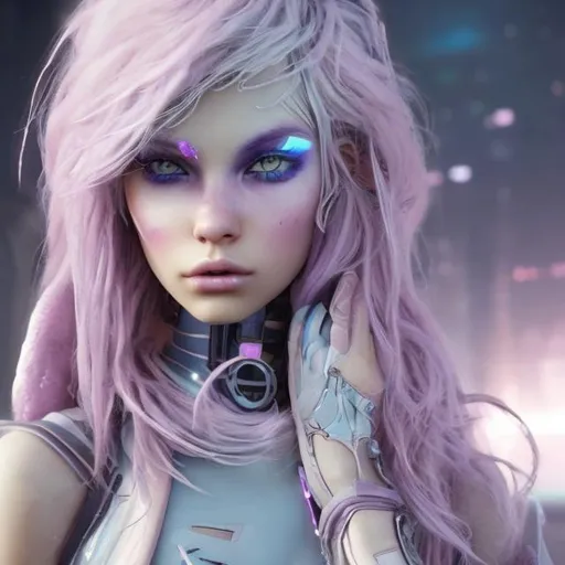 Prompt: New character. Pheromones. Young beauty. Interesting eye makeup. Pastel coloured hair. Incredibly gorgeous. Sweet. Very Futuristic clothes. Realistic. Gritty. Detailed.
