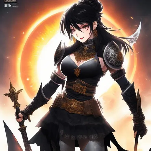 Prompt: highly detailed UHD Cell Shade anime goddess ( Full Body View) with black hair dark as a raven, wearing Nordic Victorian armor. While goddess having muscular body tone of arms and legs as well stomach showing abs with color flames bursting out, Queen of the Kings eyes bright as the sun.