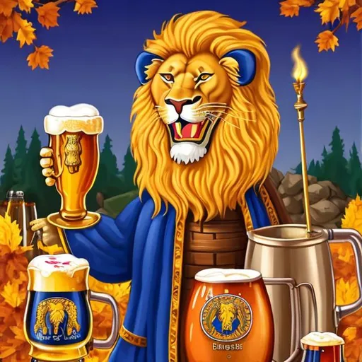 Prompt: smiling lion wearing a regal robe of royal blue and gold  with a large stein of beer in a beer garden with fiery fall foliage and a firepit 